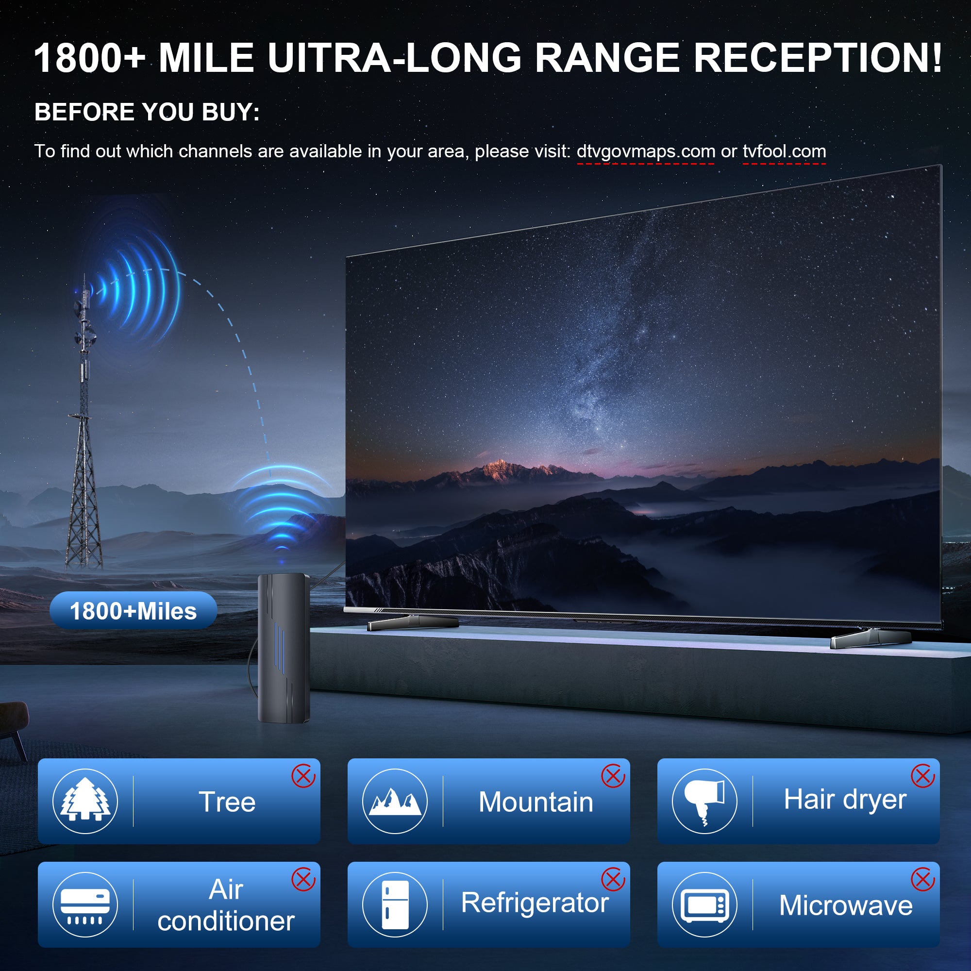 2025 Upgraded TV Antenna for Smart TV, 1800+ Miles Range Strongest for Local Channels with Amplifier Signal Booster, Waterproof Design, 33FT Coax Cable-Support 4K 1080p TV Antenna Indoor Ourdoor BLUE