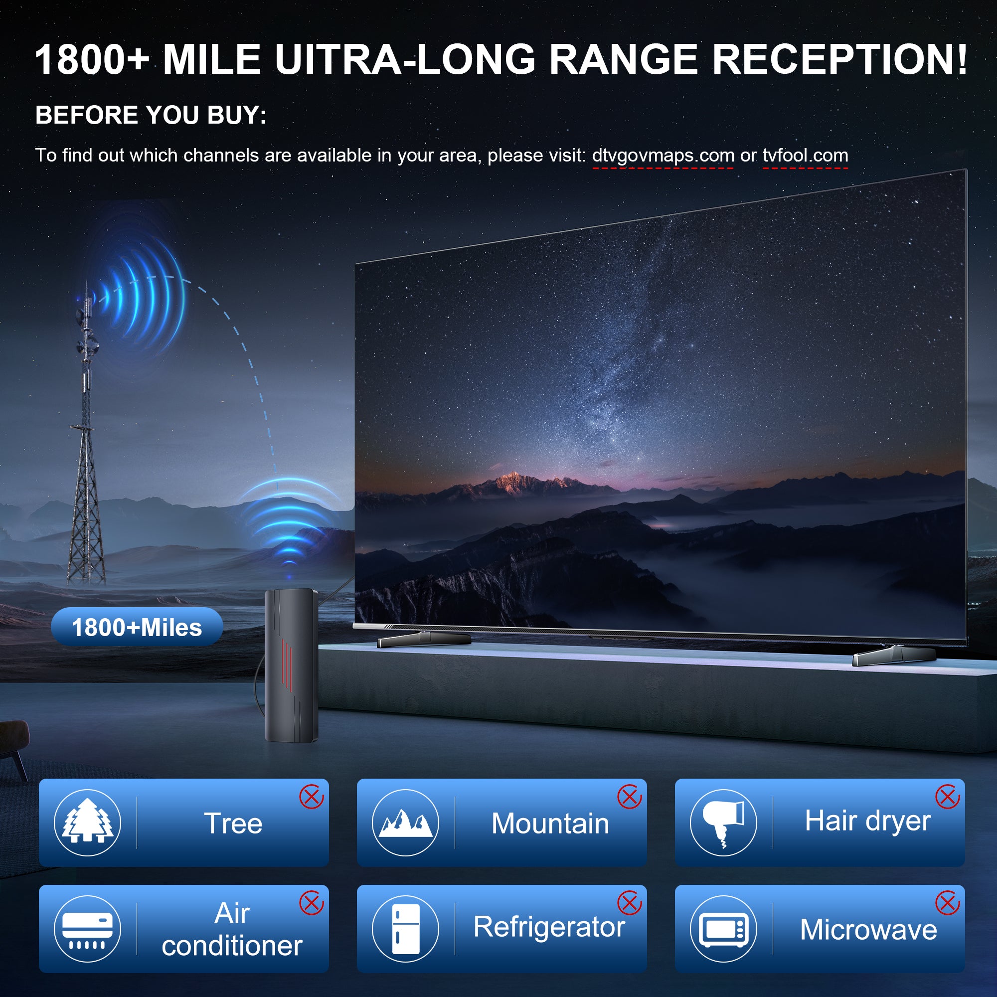 2025 Upgraded TV Antenna for Smart TV, 1800+ Miles Range Strongest for Local Channels with Amplifier Signal Booster, Waterproof Design, 33FT Coax Cable-Support 4K 1080p TV Antenna Indoor Ourdoor RED